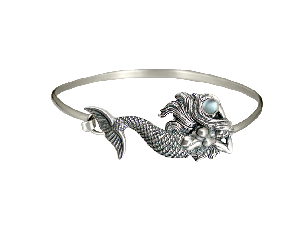Sterling Silver Mermaid Strap Latch Spring Hook Bangle Bracelet With Blue Topaz